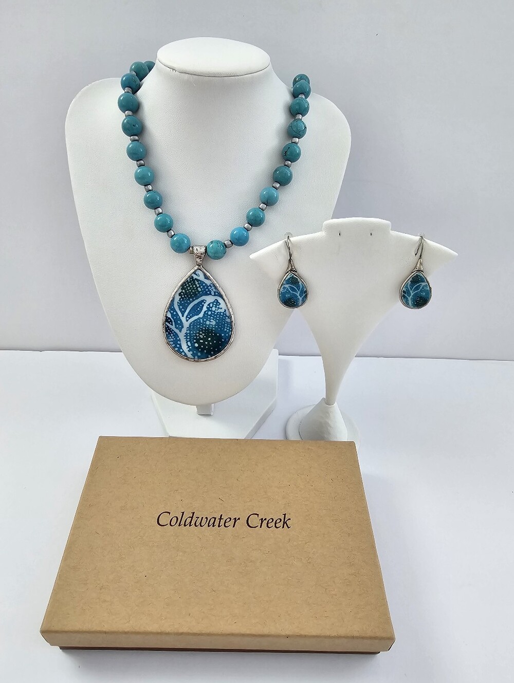 Coldwater Creek Faux Turquoise Batik Tree of Life Pendant Necklace Earring Set